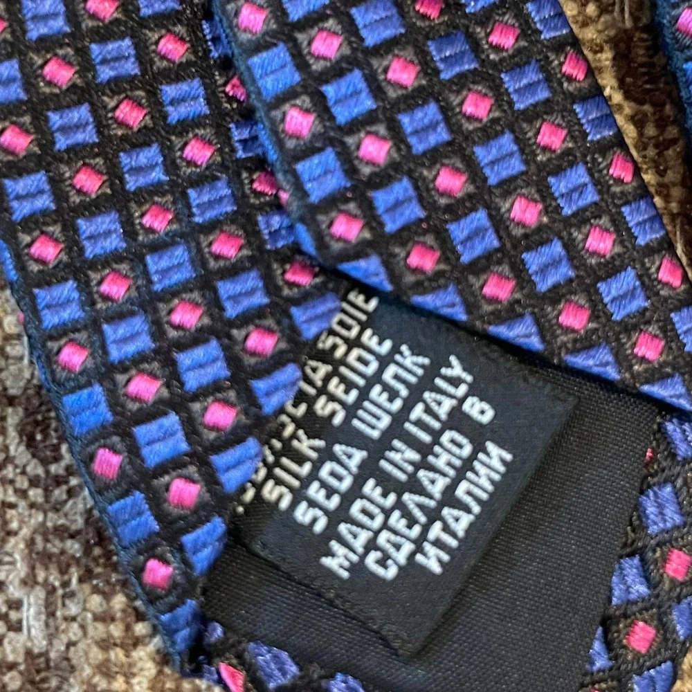 Hugo Boss Mens Silk Tie Blue Pink Geometric Square Office Italy 59x‎ 3 3/8